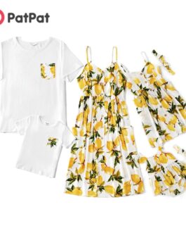 PatPat 2021 New Summer Mosaic Mommy and Me Lemon Tank Sleeveless Dresses for Mom – Girl – Baby knee length Side pockets
